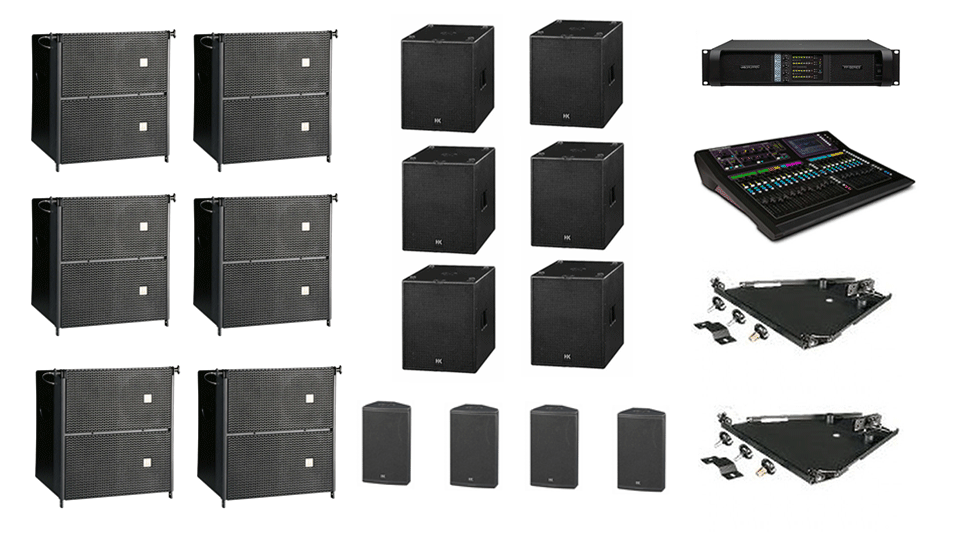 PA Hire Package 8, 6 HK Audio CTA208 Speakers, 4 HK Audio CT118 Sub's, 4 HK audio CT115 Monitors, 1 Allen and Heath GLD-80 Mixer, powered by Lab.Gruppen FP Series with microphones, DI Boxes and cabling included.